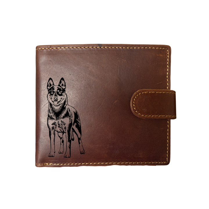 Personalised Australian Cattle Dog Standing Engraved Dark Tan Genuine Leather Wallet