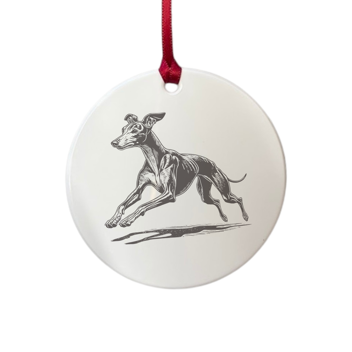 Personalised Italian Greyhound Running Engraved White Acrylic Decoration