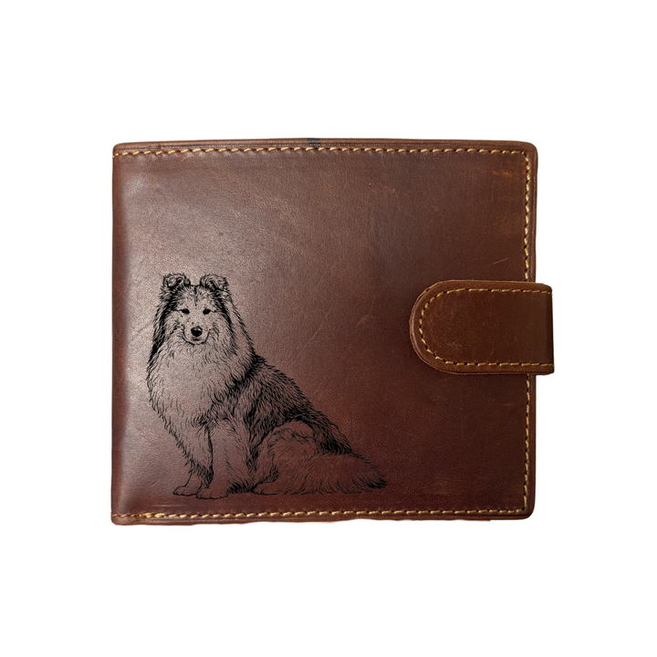 Personalised Shetland Sheepdog Sitting Engraved Dark Tan Genuine Leather Wallet