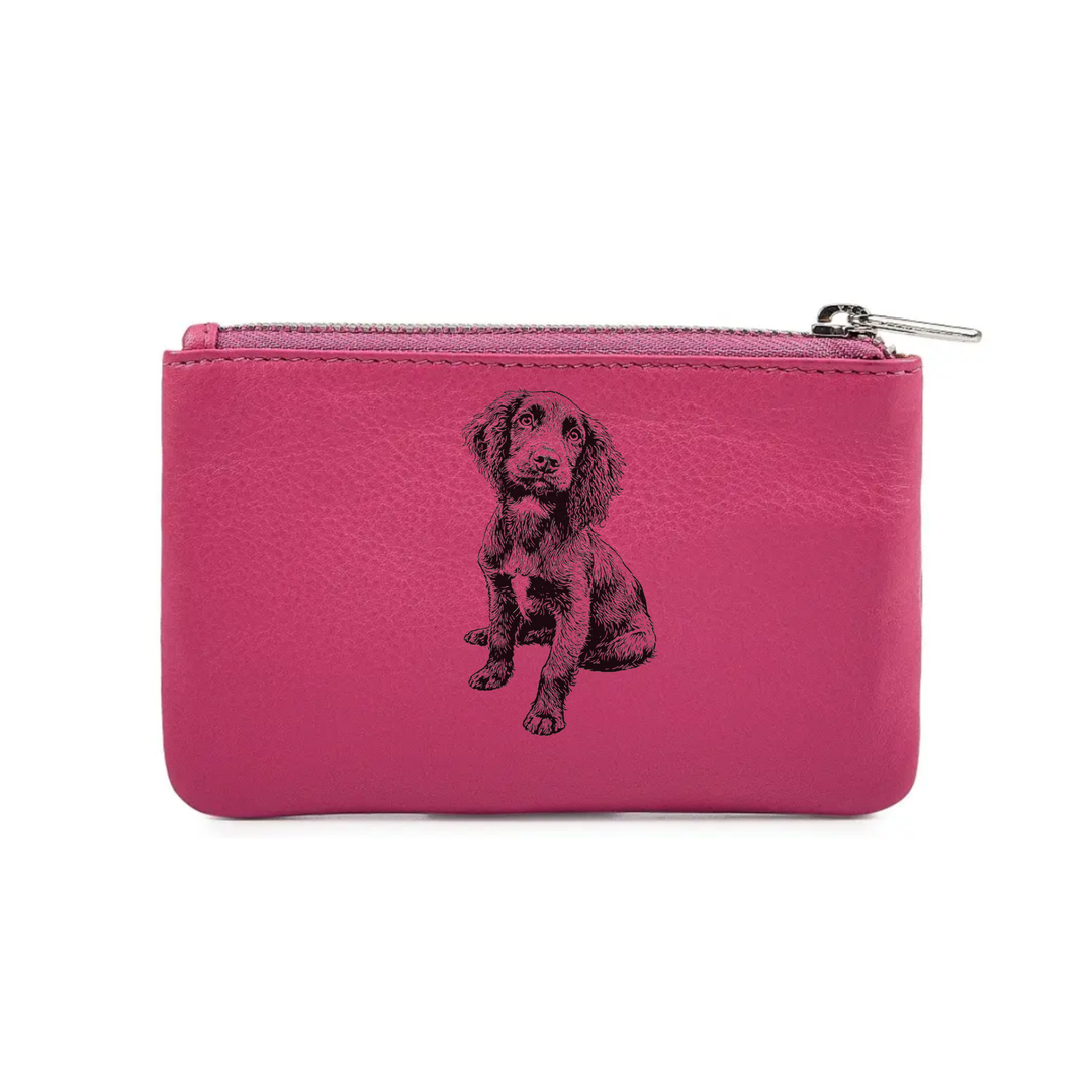 Working Cocker Spaniel Sitting Engraved Genuine Leather Coin Purse (Multiple Colour Options)