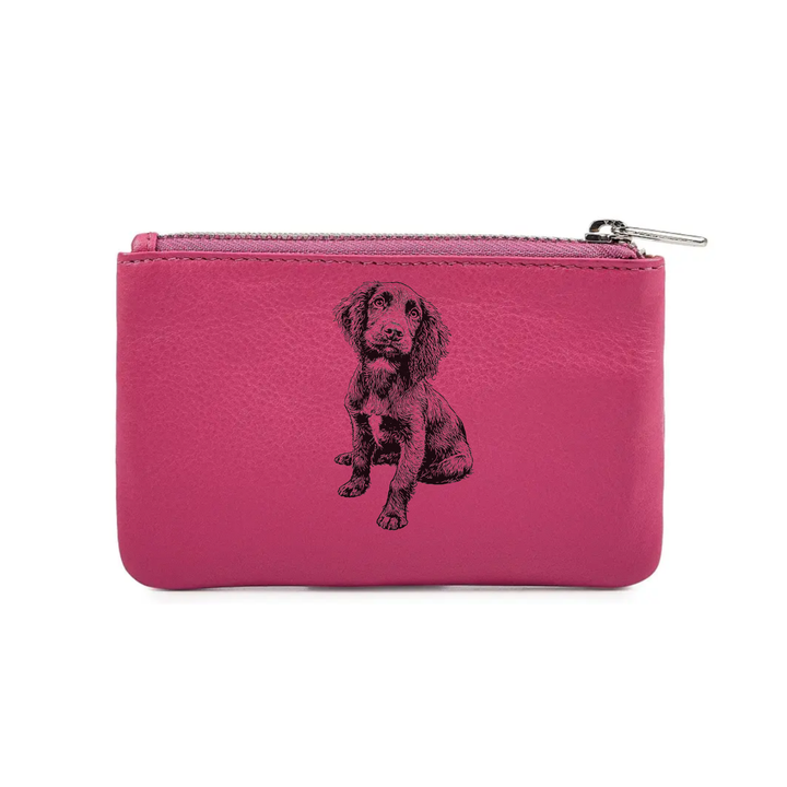 Working Cocker Spaniel Sitting Engraved Genuine Leather Coin Purse (Multiple Colour Options)