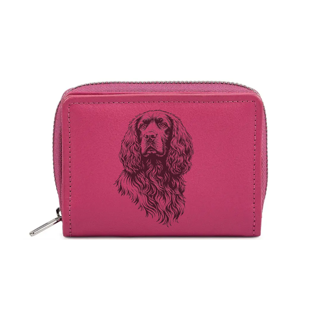 Working Cocker Spaniel Face Engraved Small Leather Purse (Green/Pink/Blue/Red)