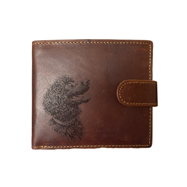 Personalised Irish Water Spaniel Face Engraved Dark Tan Genuine Leather Wallet