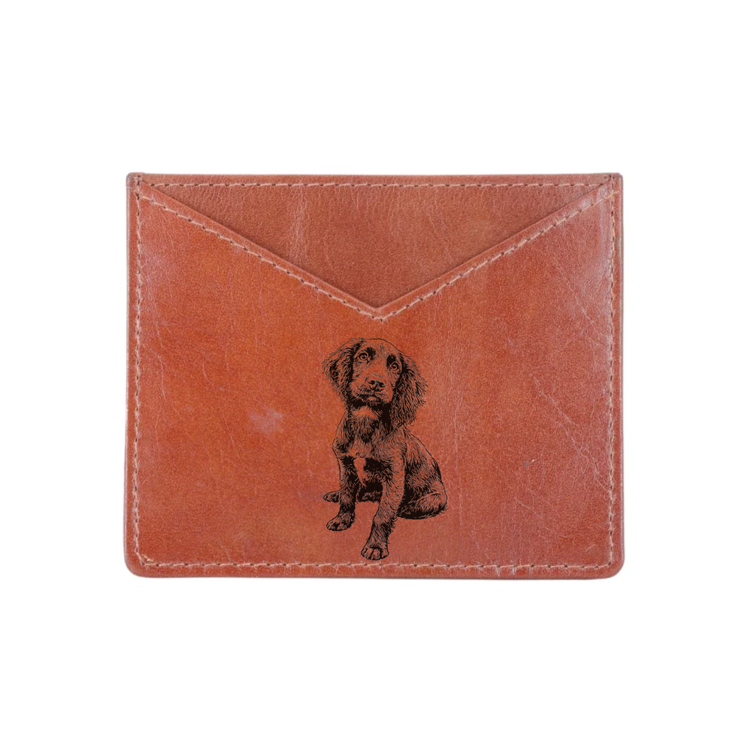 Working Cocker Spaniel Sitting Engraved Genuine Leather Cardholder