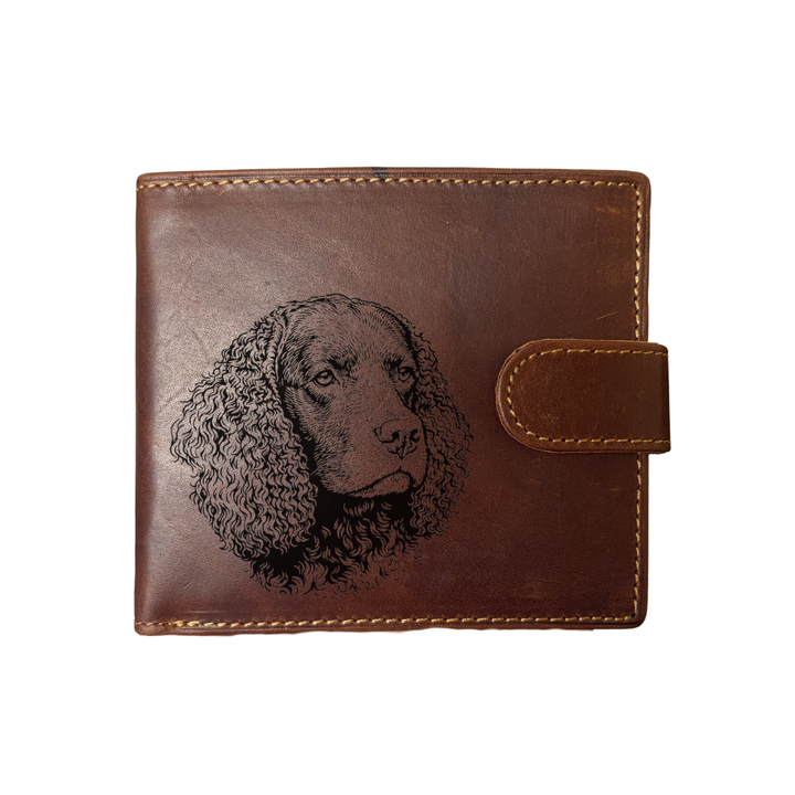 Personalised American Water Spaniel Face Engraved Dark Tan Genuine Leather Wallet