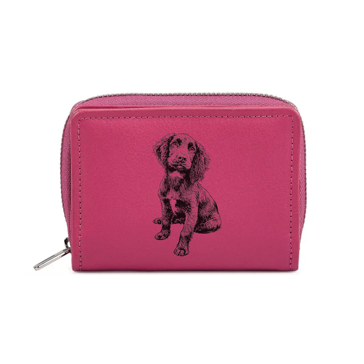 Working Cocker Spaniel Sitting Engraved Small Leather Purse (Green/Pink/Blue/Red)