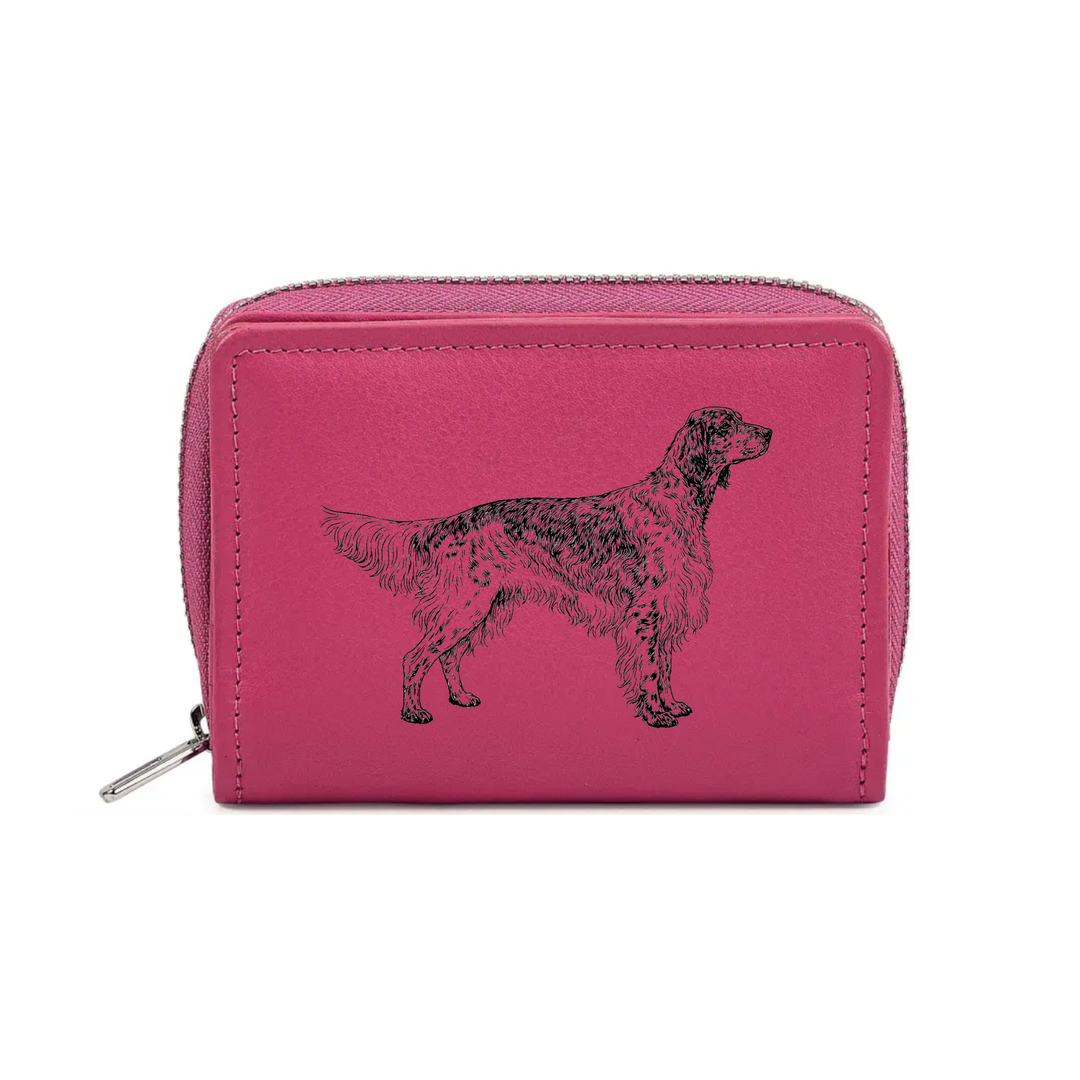 English Setter Standing Engraved Small Leather Purse (Green/Pink/Blue/Red)