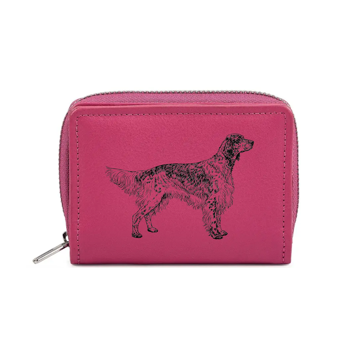 English Setter Standing Engraved Small Leather Purse (Green/Pink/Blue/Red)