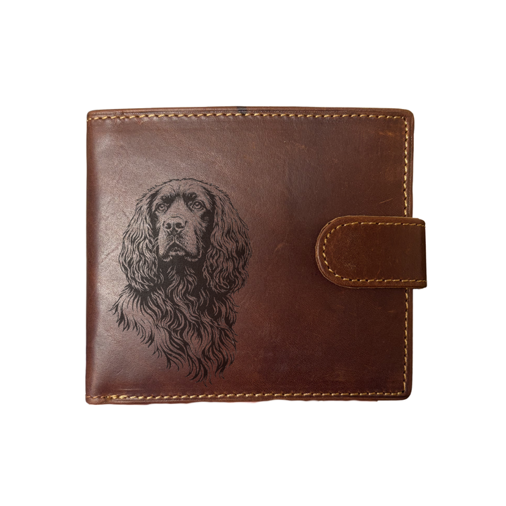 Personalised Working Cocker Spaniel Face Engraved Dark Tan Genuine Leather Wallet