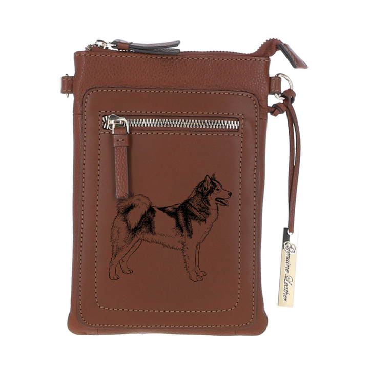 Personalised Canadian Eskimo Dog Standing Engraved Leather Crossbody Smart Phone Bag