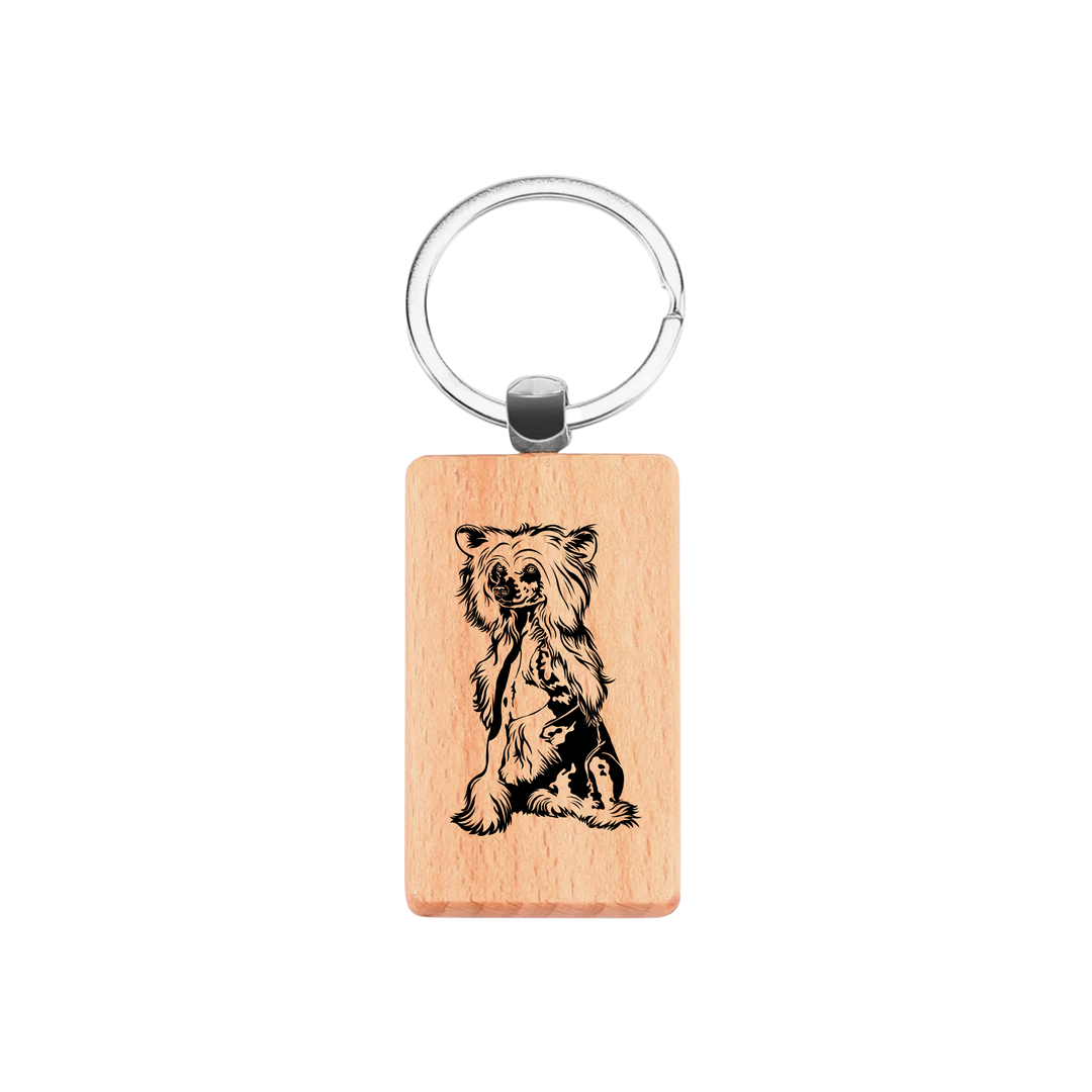 Chinese Crested Dog Engraved Rectangle Wooden Keyring