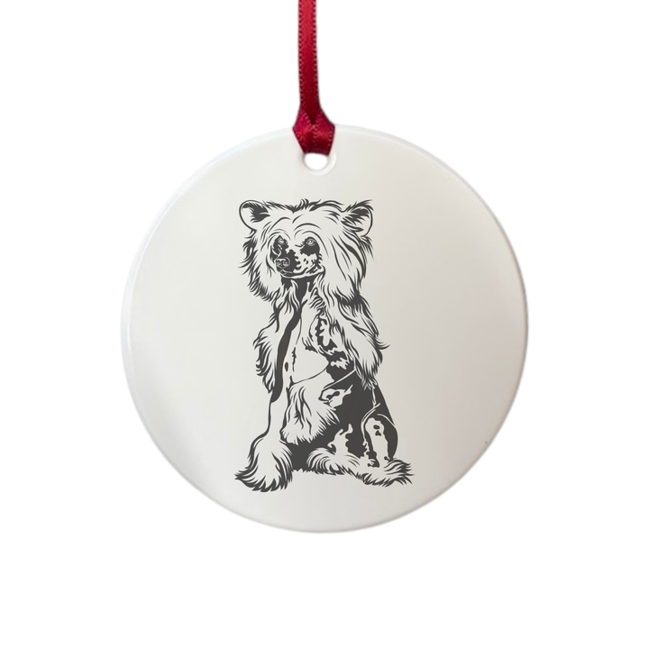 Personalised Chinese Crested Dog Sitting Engraved White Acrylic Decoration