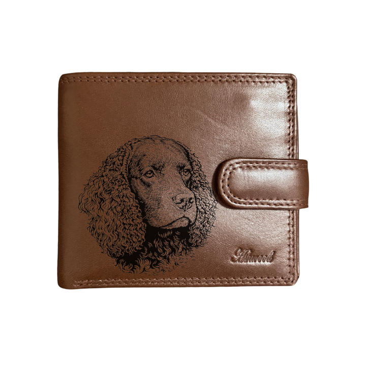 Personalised American Water Spaniel Face Engraved Dark Tan Genuine Leather Wallet