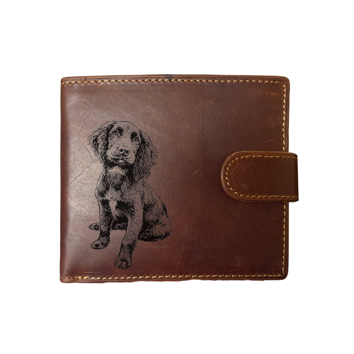 Personalised Working Cocker Spaniel Sitting Engraved Dark Tan Genuine Leather Wallet