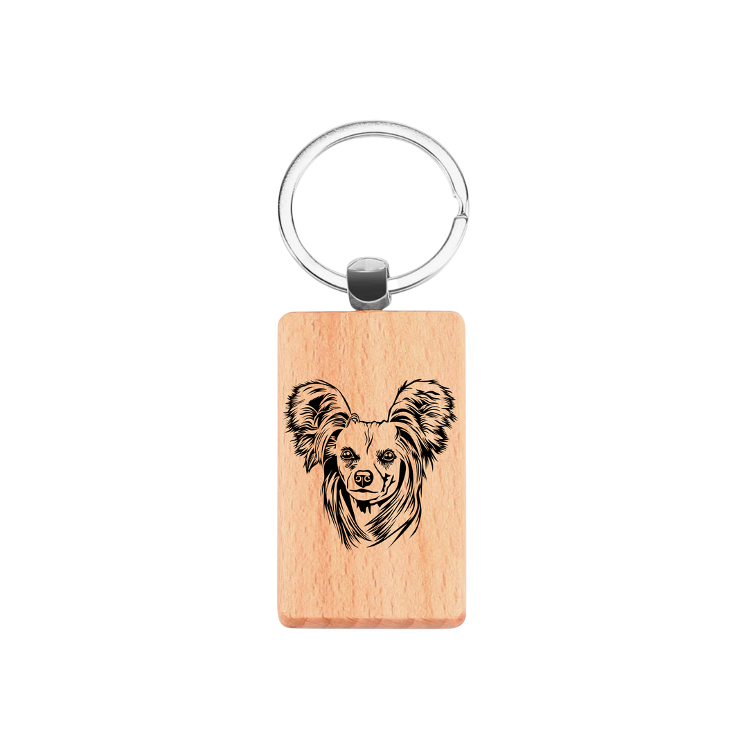 Chinese Crested Dog Face Engraved Rectangle Wooden Keyring