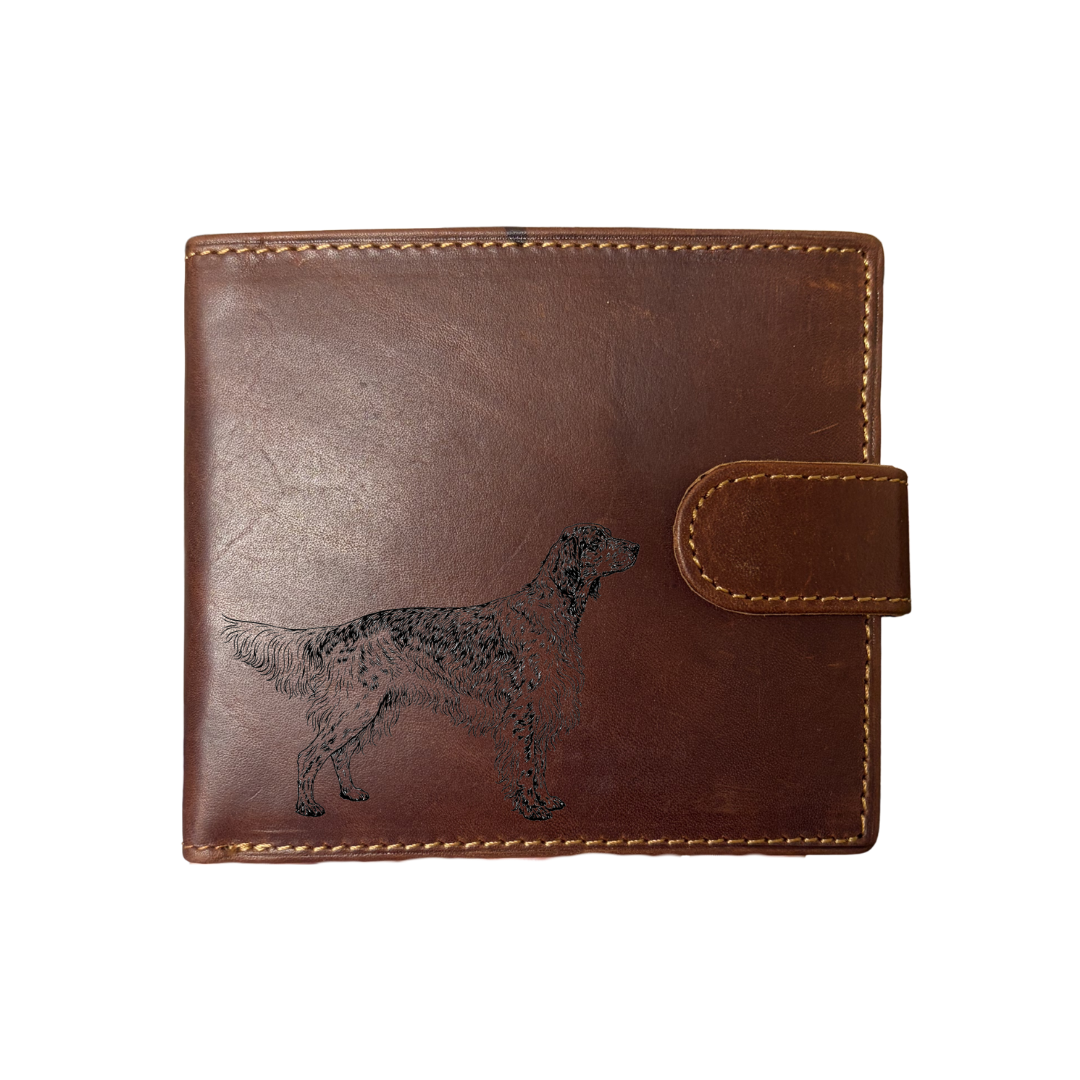 Personalised English Setter Standing Engraved Dark Tan Genuine Leather Wallet