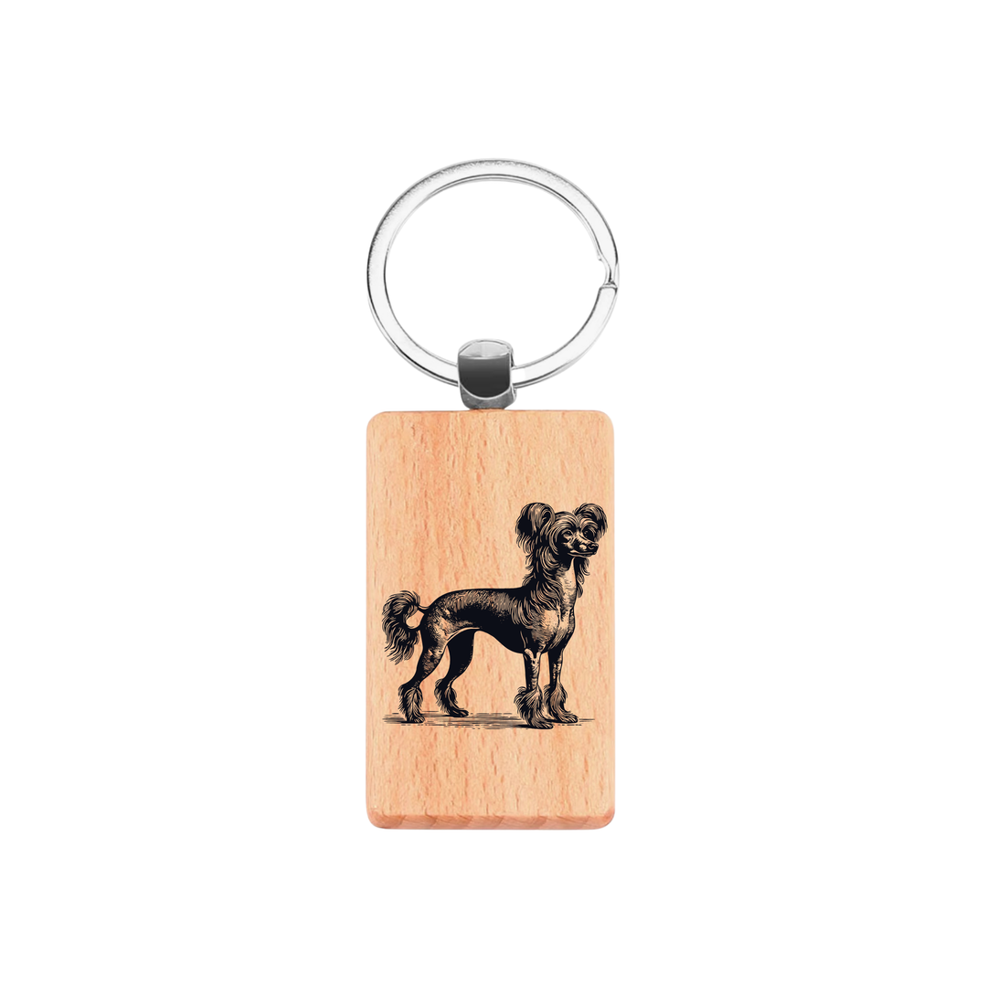 Chinese Crested Dog Standing Engraved Rectangle Wooden Keyring