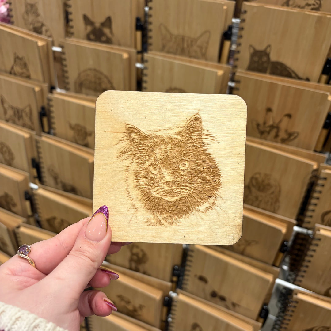 British Longhair Cat Face Illustration Engraved Wooden Coaster