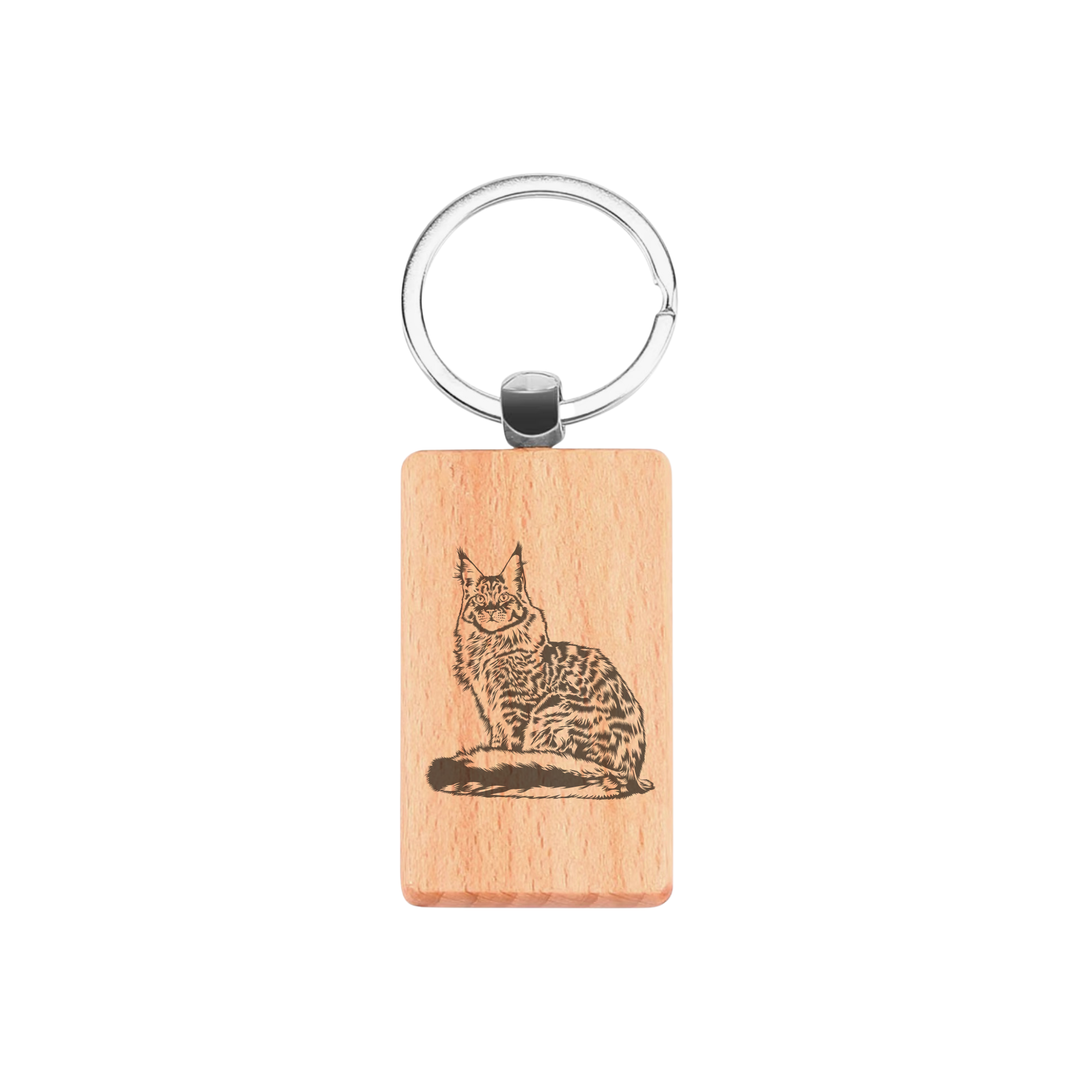 Maine Coon Cat Engraved Rectangle Wooden Keyring