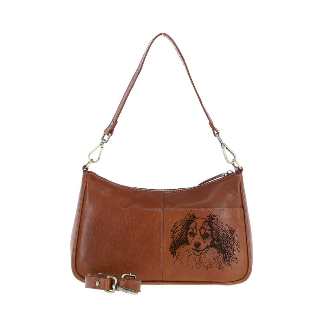 Papillon Phalene Face Engraved Genuine Leather Shoulder Bag