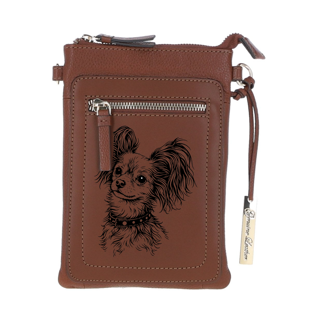 Personalised Long Haired Russian Toy Engraved Leather Crossbody Smart Phone Bag