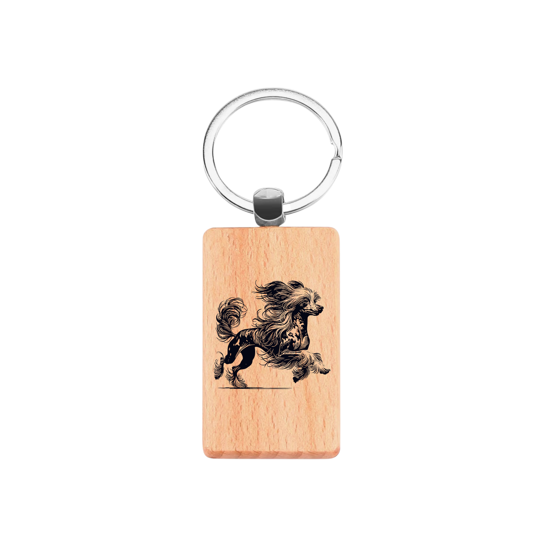 Chinese Crested Dog Running Engraved Rectangle Wooden Keyring