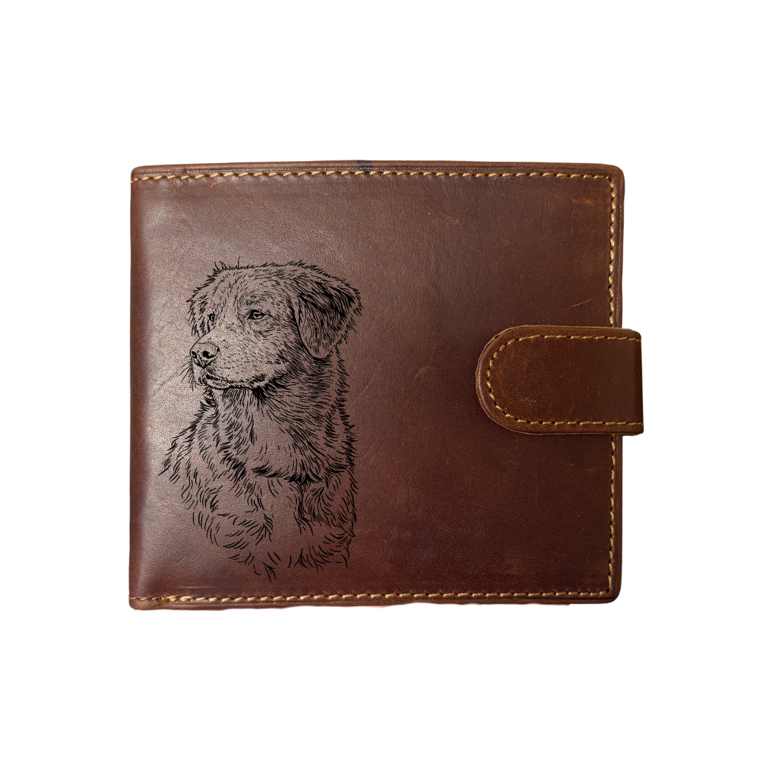 Personalised Nova Scotia Duck Tolling Retriever 'Toller' Face & Chest Engraved Dark Tan Genuine Leather Wallet