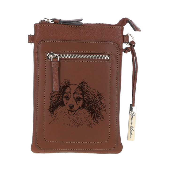 Personalised Phalene Papillon Engraved Leather Crossbody Smart Phone Bag