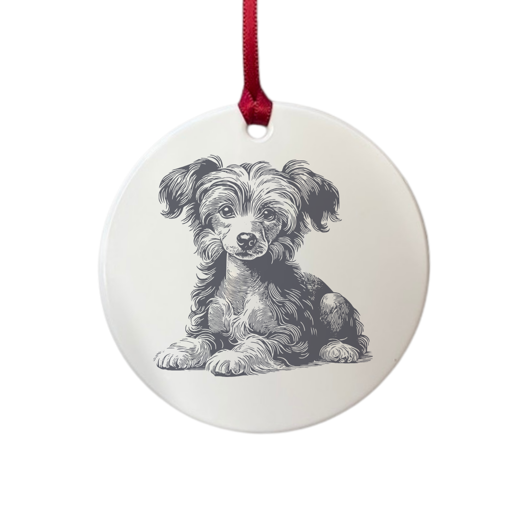 Personalised Chinese Crested Dog Lying Down Engraved White Acrylic Decoration