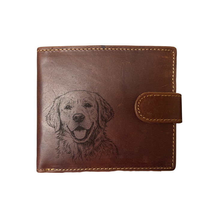 Personalised Golden Retriever Face Engraved Dark Tan Genuine Leather Wallet