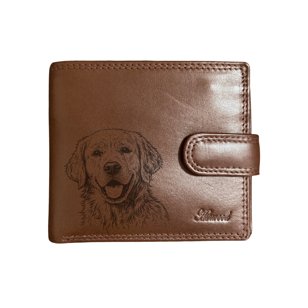 Personalised Golden Retriever Face Engraved Dark Tan Genuine Leather Wallet