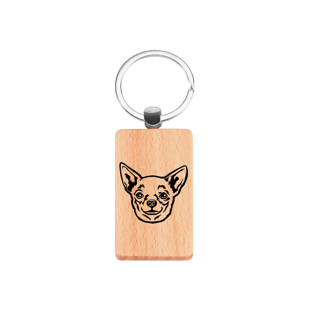 W Chihuahua Face Engraved Rectangle Wooden Keyring