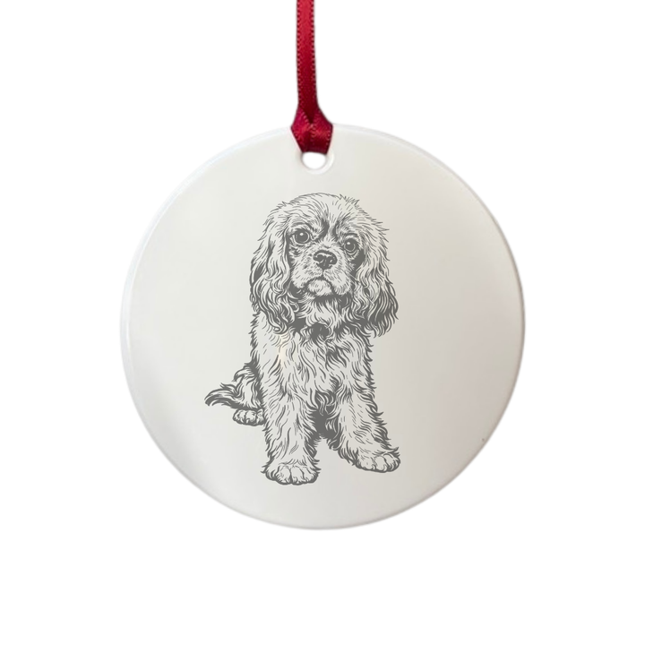 Personalised Ruby Cavalier King Charles Spaniel Sitting Engraved White Acrylic Decoration
