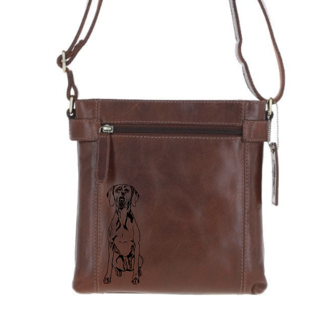 Weimaraner Sitting Engraved Leather Two Section Zip Top Crossbody Bag