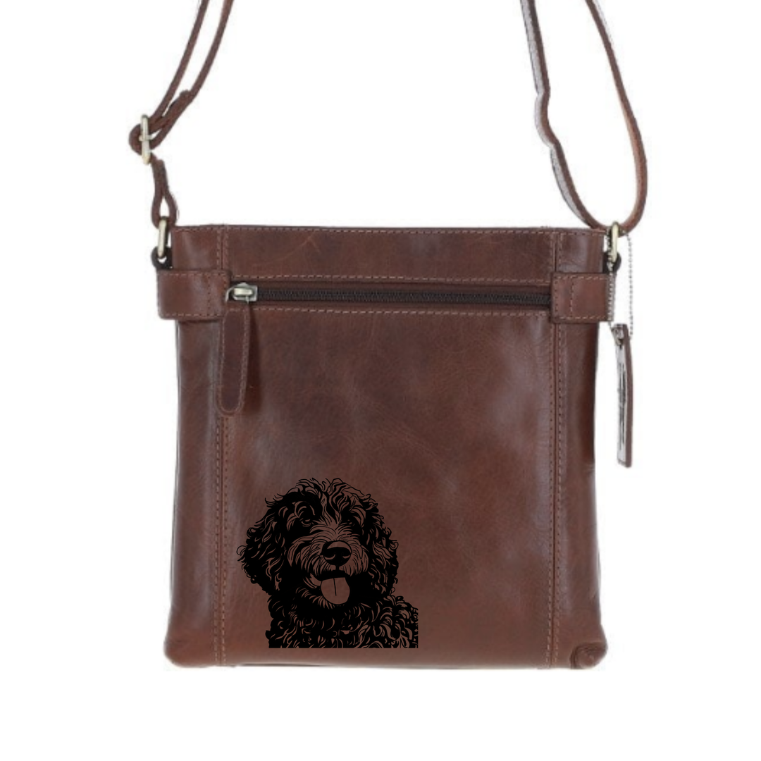 Spanish Water Dog Engraved Leather Two Section Zip Top Crossbody Bag