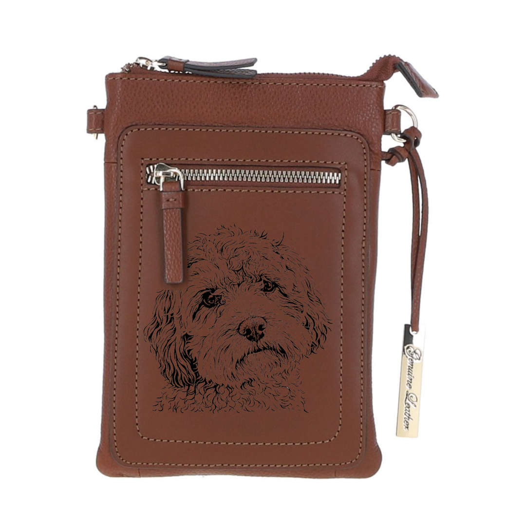 Personalised Cockapoo Face Engraved Leather Crossbody Smart Phone Bag