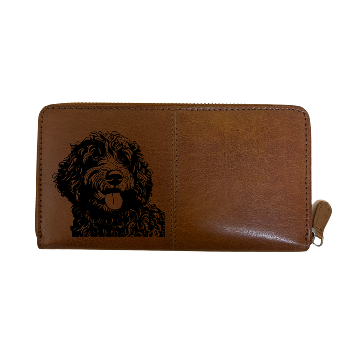 Spanish Water Dog Face Engraved Large Leather Purse