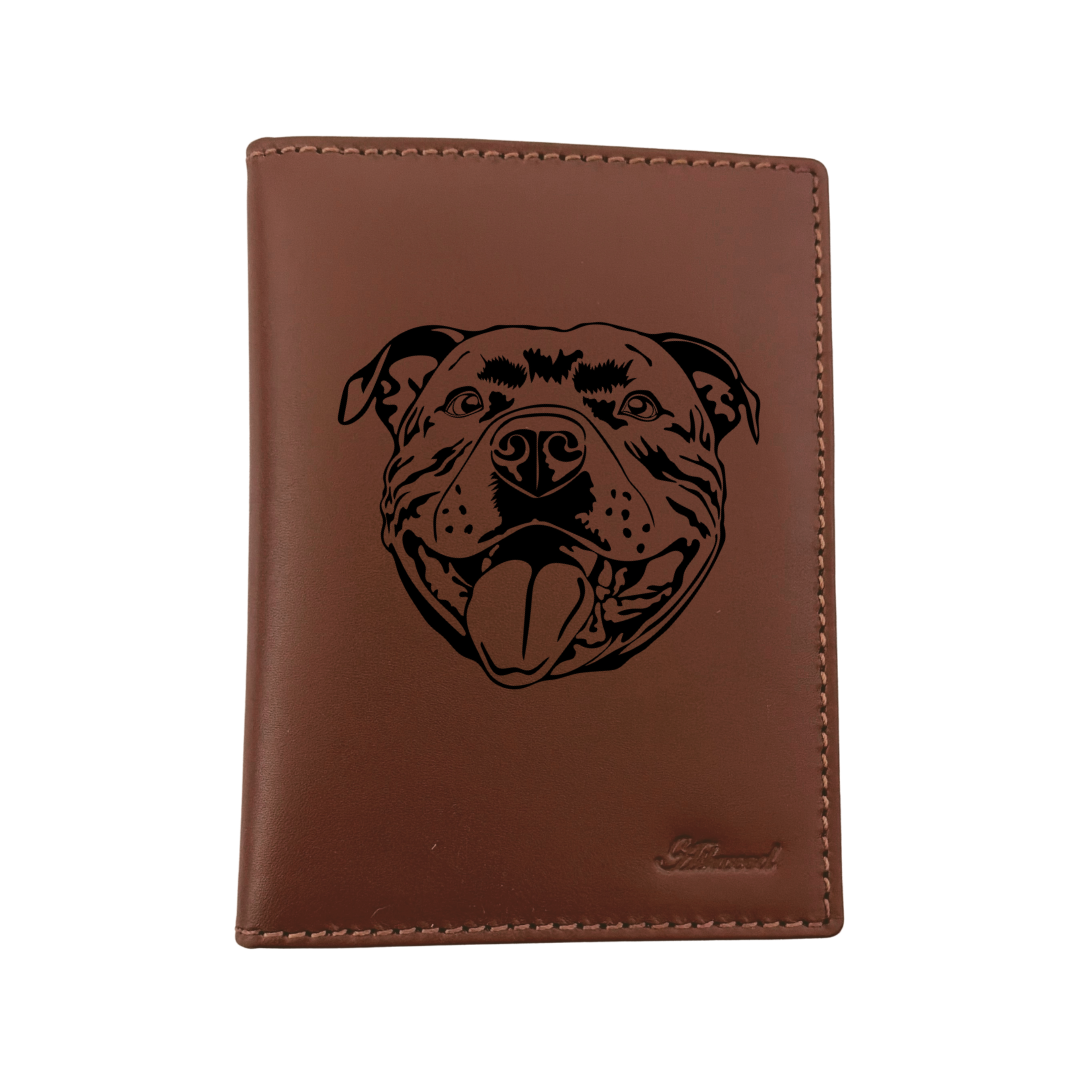 Staffordshire Bull Terrier Smiling Face Engraved Leather Passport Cover