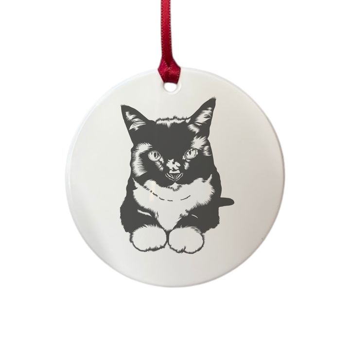 Personalised Tuxedo Cat Engraved White Acrylic Decoration