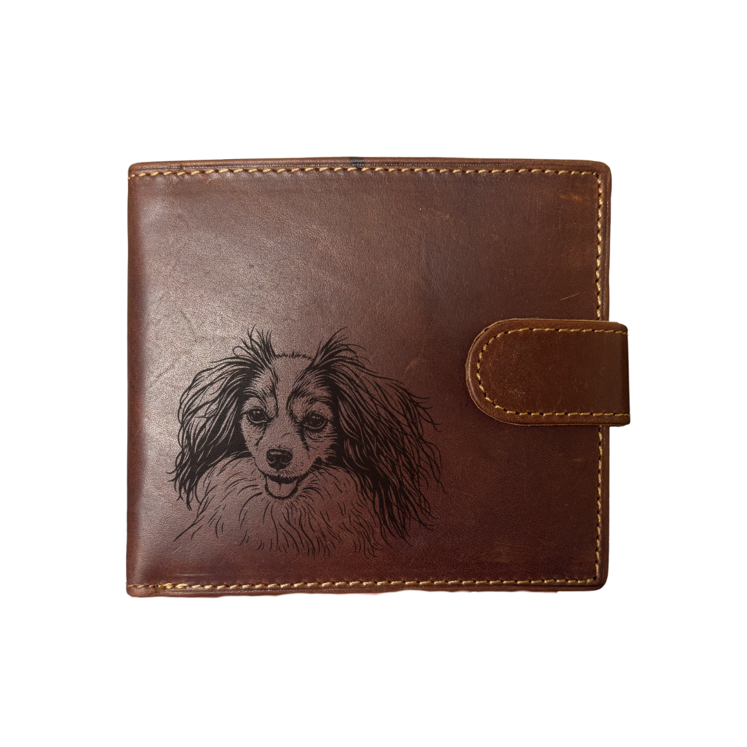 Personalised Papillon Phalene Face Engraved Dark Tan Genuine Leather Wallet