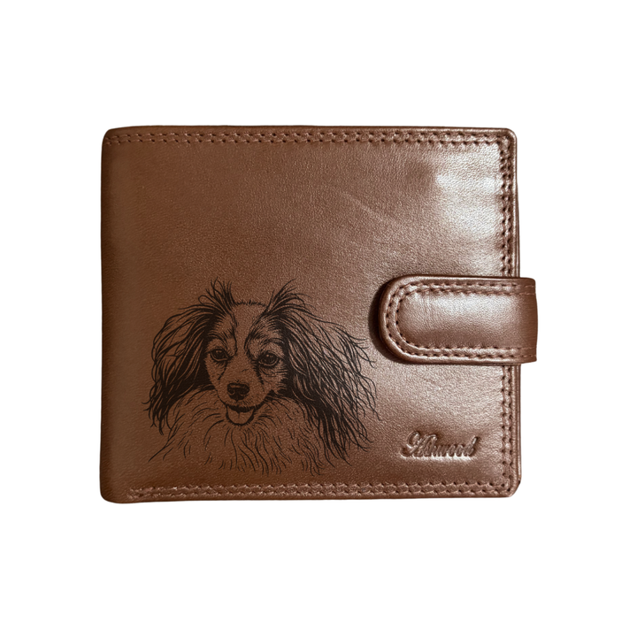 Personalised Papillon Phalene Face Engraved Dark Tan Genuine Leather Wallet