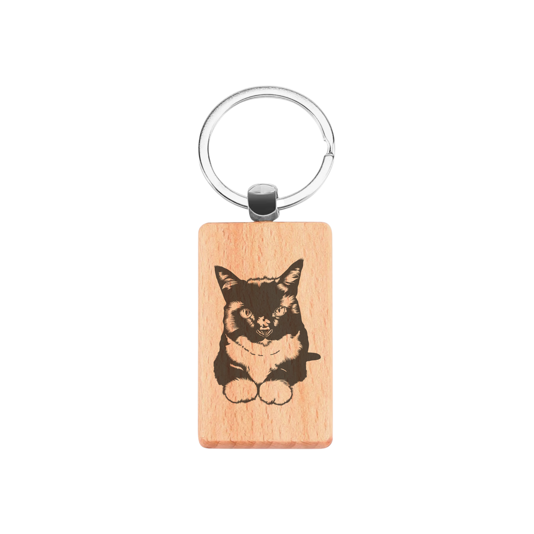 Tuxedo Cat LD Engraved Rectangle Wooden Keyring