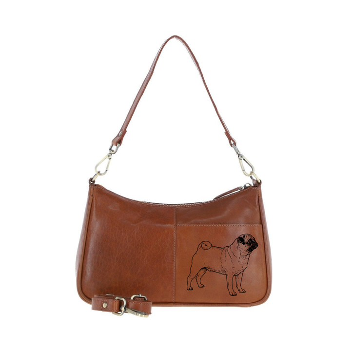 Pug Standing Engraved Genuine Leather Shoulder Bag