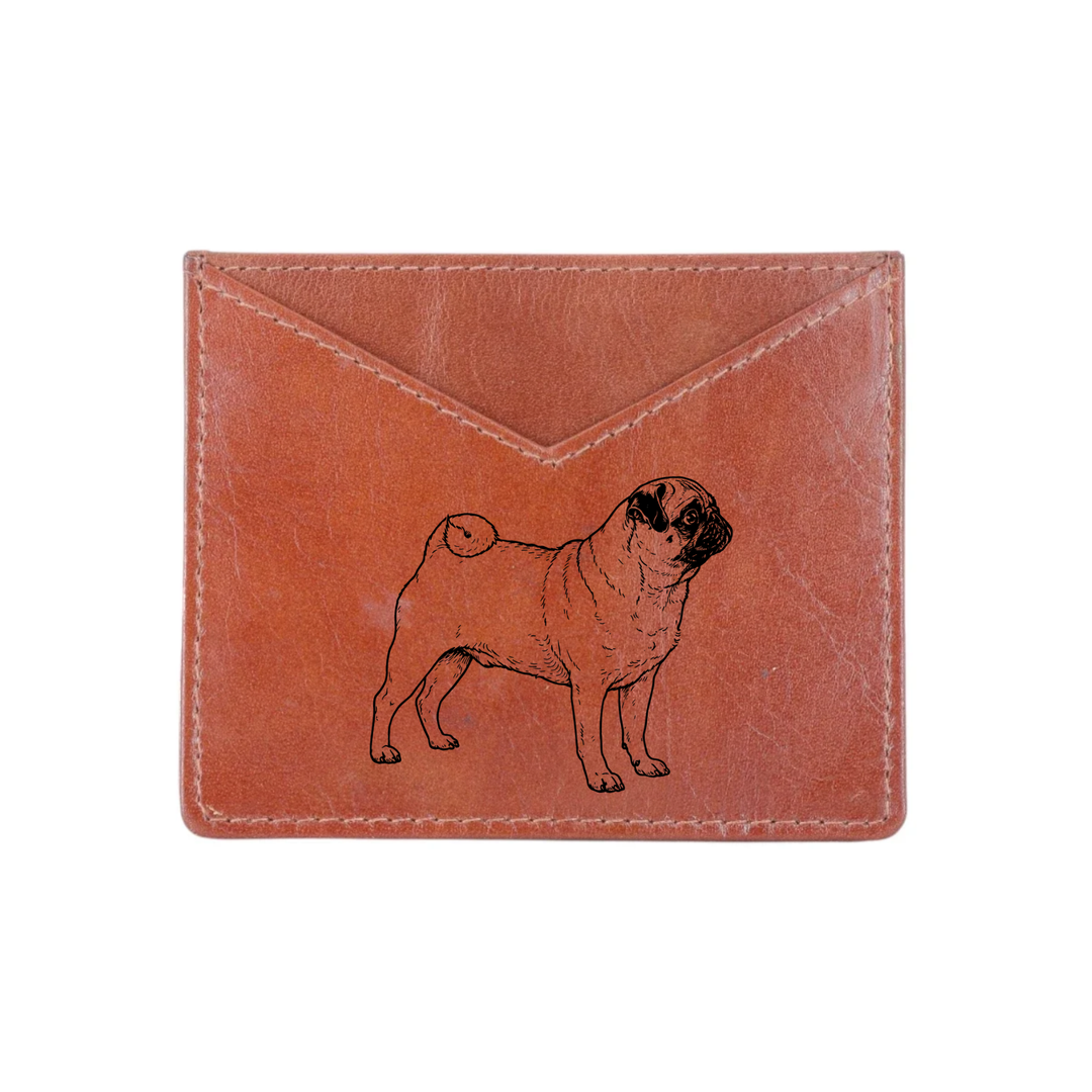 Pug Standing Engraved Genuine Leather Cardholder