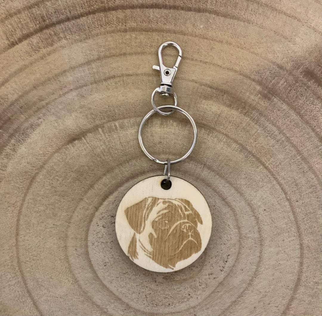 Pug Dog Engraved Wooden Keyring