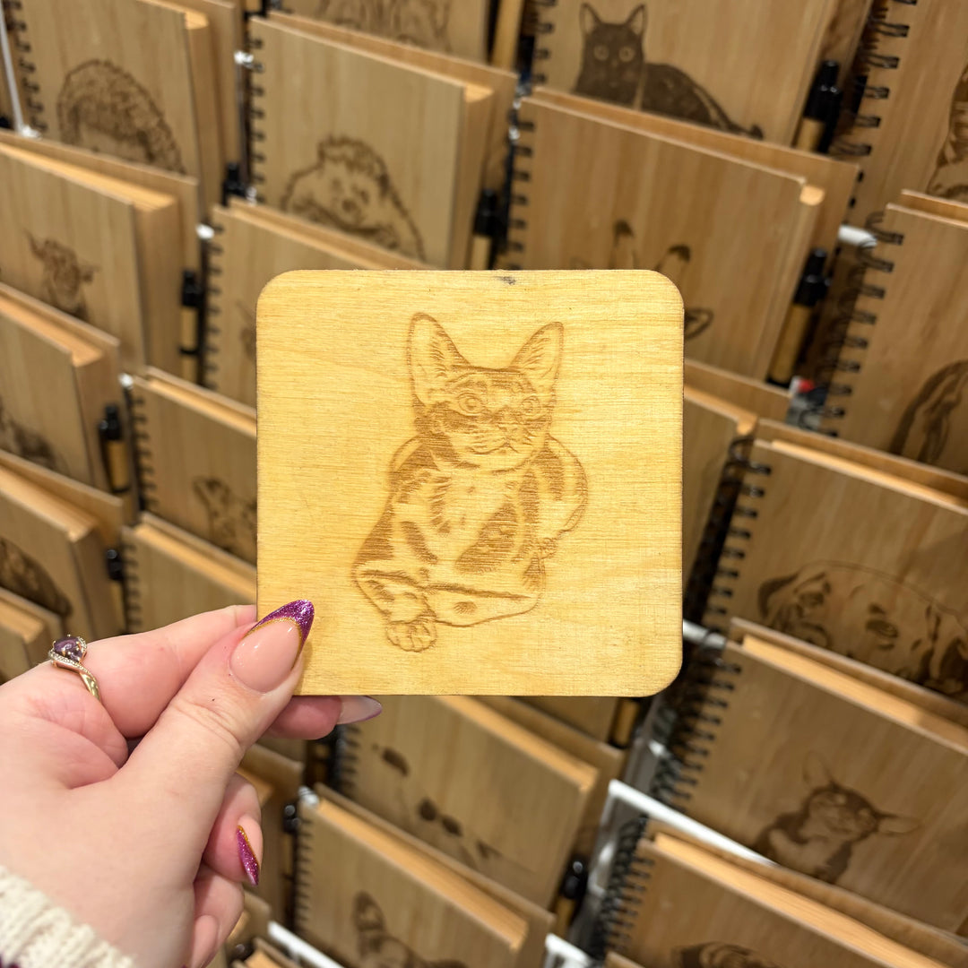 Abyssinian Cat Illustration Engraved Wooden Coaster