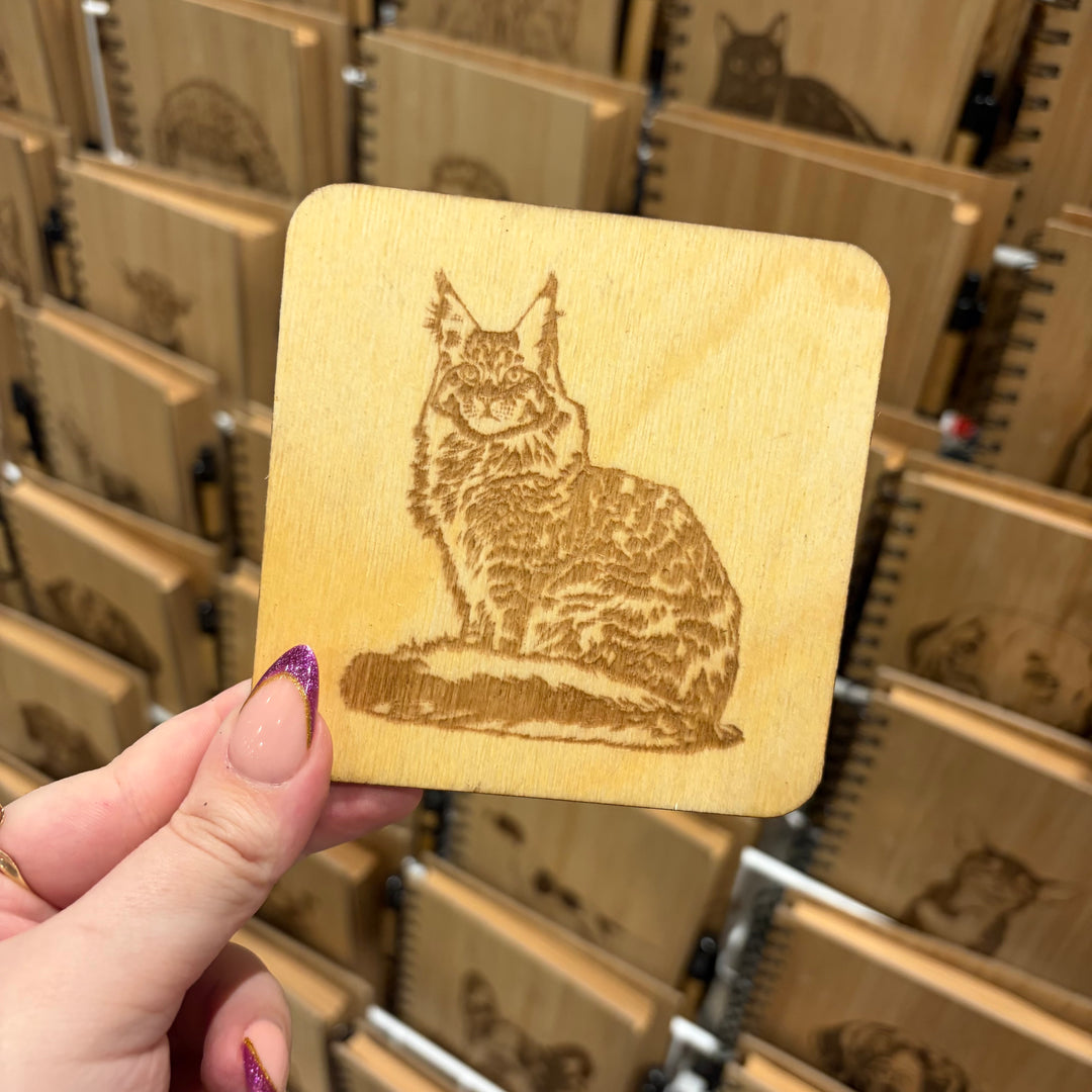 Maine Coon Cat Illustration Engraved Wooden Coaster