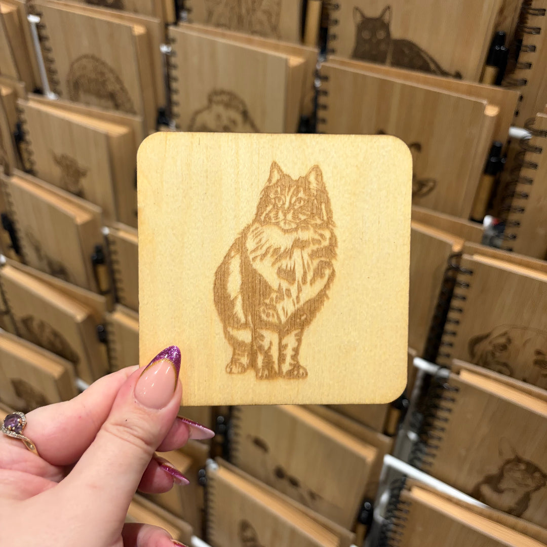 Norwegian Forest Cat Illustration Engraved Wooden Coaster