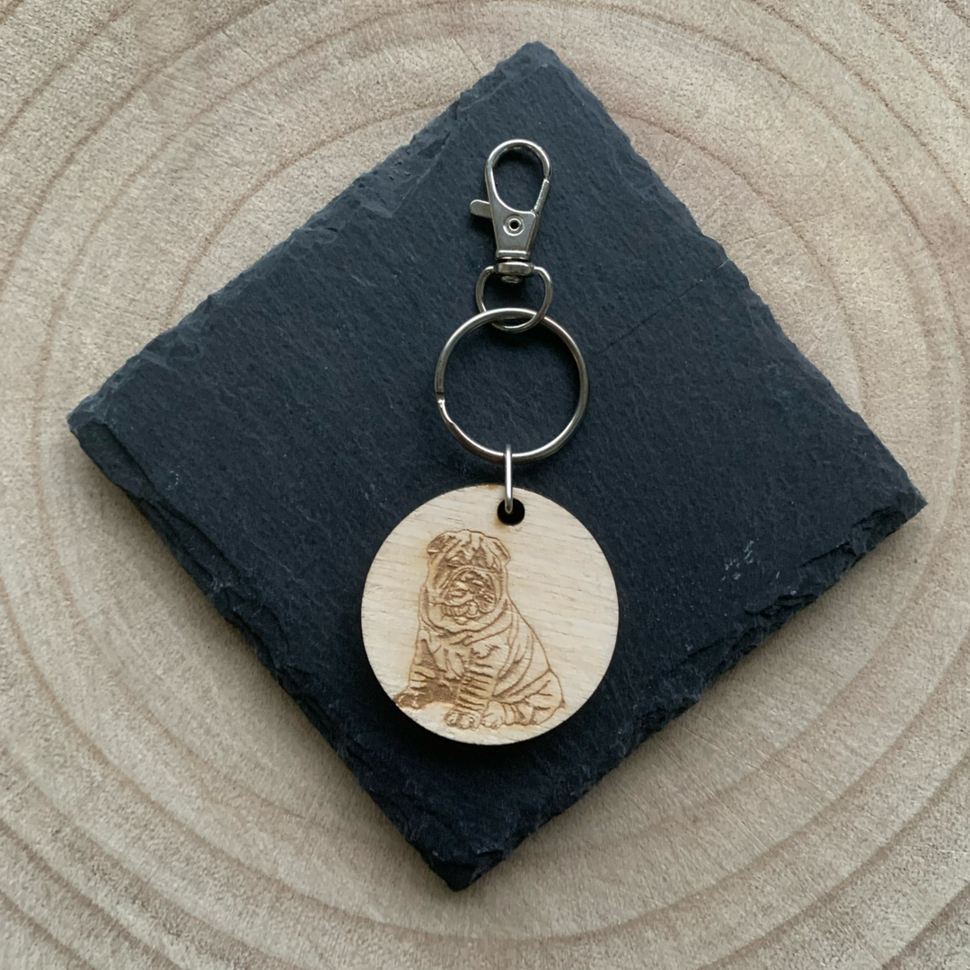 Shar Pei Dog Engraved Wooden Keyring