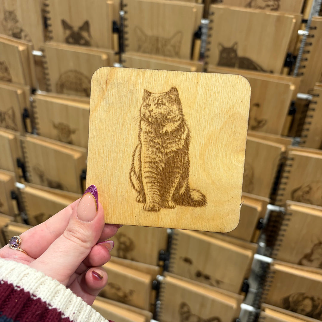 British Longhair Cat Sitting Illustration Engraved Wooden Coaster
